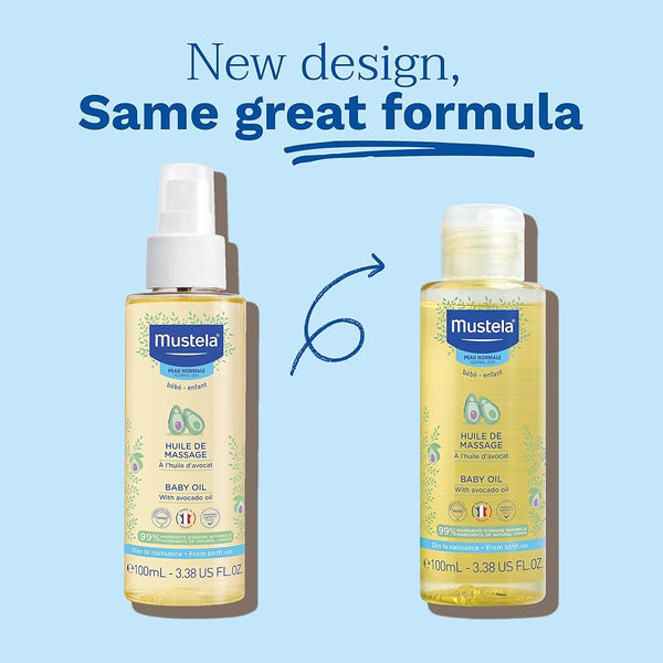 Two 100ml Mustela Baby Oil bottles are side by side on a blue background. The left shows the new spray design; the right is the old version. Text above says: New design, Same great formula for delicate skin.