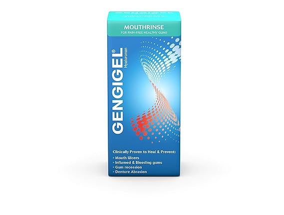 The Gengigel Mouth Rinse (150ml) features a blue and teal box with an abstract swirl design, highlighting its benefits for healing gum conditions such as ulcers, inflammation, gum recession, and denture abrasion using hyaluronan to soothe and protect oral health.