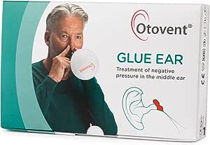 The Otovent Glue Ear Treatment box shows a man with a balloon device, and includes text: Treatment of negative pressure in the middle ear, along with an illustration of the Eustachian tube for clarity.