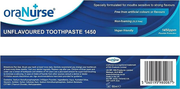 Oranurse Unflavoured Toothpaste (50ml) is designed for sensitive mouths and is SLS-free, non-foaming, vegan-friendly, with no artificial colors/flavours. It provides 1450ppm fluoride protection. Directions and ingredients are included. The barcode is located on the bottom right of the tube.