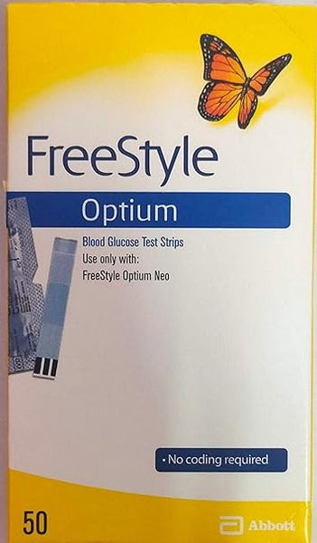 The yellow box of Abbotts Freestyle Optium 50 Glucometer Strips, featuring a butterfly image, ensures effective diabetes management. Compatible with Freestyle Optium Neo, it boasts No coding required for accurate blood glucose readings.