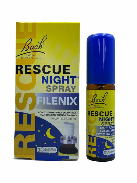 The packaging of the 20ml Rescue Bach Remedy Night Spray by Bach, labeled RESCUE NIGHT SPRAY FILENIX, features a moon and stars design. Ideal for sleep disturbances, it includes Spanish instructions and emphasizes Bach Original Flower Remedies.