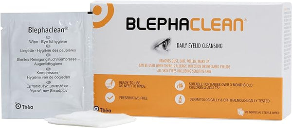 Thea Blephaclean Eyelid Sterile Cleansing wipes come in mostly white and orange packaging, emphasizing their preservative-free formula for daily hygiene. Suitable for those over 3 months and contact lens wearers, without needing to rinse. A packet of the 20 wipes is displayed up front.