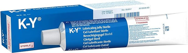 The 82g tube of Knects Ky Jelly Lubricating Gel is displayed before its blue and white packaging, showcasing the product name and details in multiple languages, stressing its importance as a water-based lubricant for personal use.