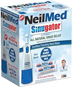 A box of NeilMed Sinugator (30 Count) highlights its cordless pulsating nasal wash device for sinus relief, emphasizing benefits for allergy, congestion, and cold relief. It includes 30 premixed packets for effective nasal irrigation.