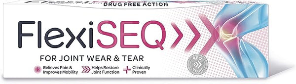 The 100g Flexiseq Joint Wear and Tear gel by Flexiseq offers Relieves Pain & Improves Mobility, Helps Restore Joint Function, and is Clinically Proven. With a stylized joint image, this drug-free therapy provides effective relief for joint pain.