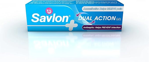 A 75ml box of Savlon Dual Action Gel showcases a blue design with the Savlon logo, emphasizing its antiseptic and pain-relief properties to prevent infection and soothe discomfort.