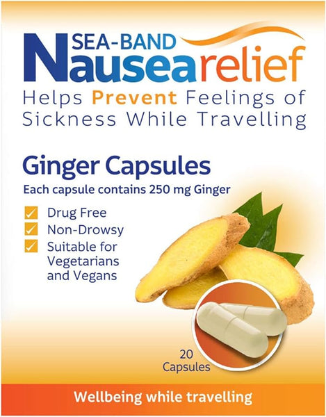 Packaging for Sea-Band Nausea Relief Ginger Cap (20) showcases benefits: drug-free, non-drowsy, vegetarian and vegan-friendly. Ideal for travel sickness with 250 mg ginger per cap. Features an image of sliced ginger and a capsule.