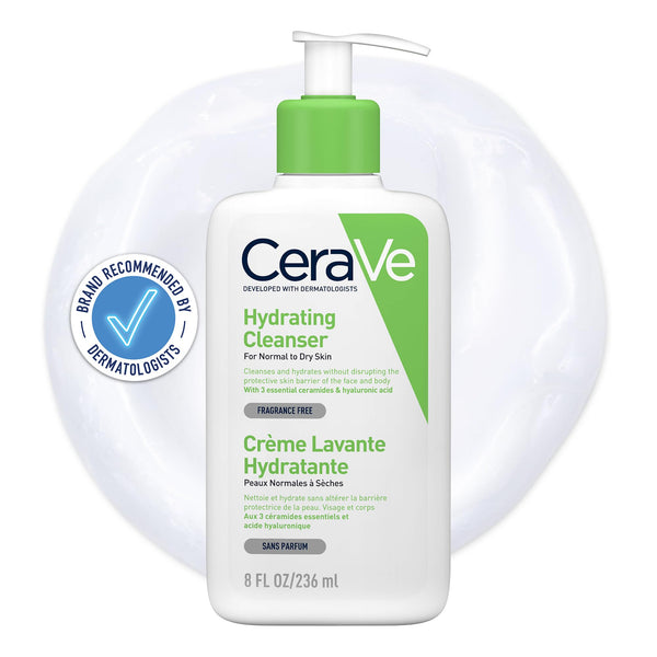 A 236ml CeraVe Hydrating Cleanser, featuring a pump, is enriched with hyaluronic acid and essential ceramides for normal to dry skin. Its fragrance-free and dermatologist-recommended, set against a creamy swirl backdrop.