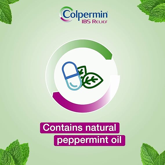 Illustration of a blue and white capsule pill with peppermint leaves beside it on a green gradient background. Text reads Colpermin IBS Relief (20s) by Colpermin, containing natural peppermint oil for soothing IBS relief, with mint leaves adorning the corners.