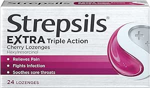 Strepsils Extra Triple Action Cherry Lozenges (24 Pack) provides fast sore throat relief with hexylresorcinol, easing pain, fighting infection, and soothing discomfort. The box features the Strepsils brand with a bold red S logo and includes 24 cherry lozenges.