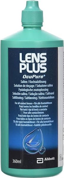 Abbotts Lens Plus OcuPure for Soft Contact Lenses (360ml, green bottle) features multilingual text and a water droplet image on the label.