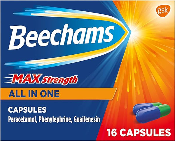 Image of Beechams Max Strength All in One. The blue box, featuring a sunburst design and GSK logo, offers cold and flu relief with 16 non-drowsy capsules. It contains Paracetamol, Phenylephrine, and Guaifenesin.