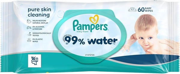 A package of Pampers 99% Water Baby Wipes (60 Wipes) by Pampers, featuring a baby on the label and highlighting pure skin cleaning, 0% alcohol and perfume, dermatologically tested, and containing 60 baby wipes.