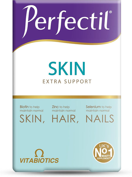 A box of Vitabiotics Perfectil Skin Dual Pack (56 Pack) supplements, supporting skin health with biotin, zinc, and selenium; UK’s No.1 beauty supplement badge displayed at the bottom right.