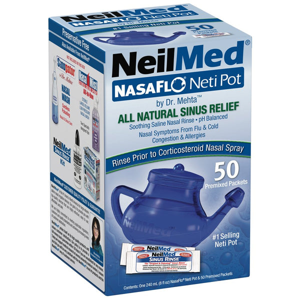 The NeilMed Nasaflo Neti Pot package displays the pot and 50 sachets, highlighting sinus relief benefits through nasal irrigation. It is a leading product from the NeilMed brand.