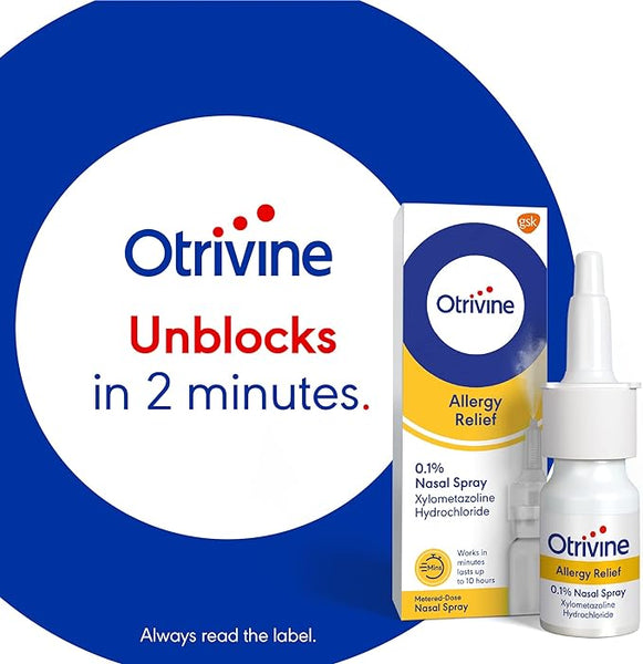 The Otrivine Allergy Hayfever Relief Nasal Spray (10ml) packaging displays Unblocks in 2 minutes and Works in minutes, lasts for hours. Perfect for alleviating allergy symptoms. Always read the label.