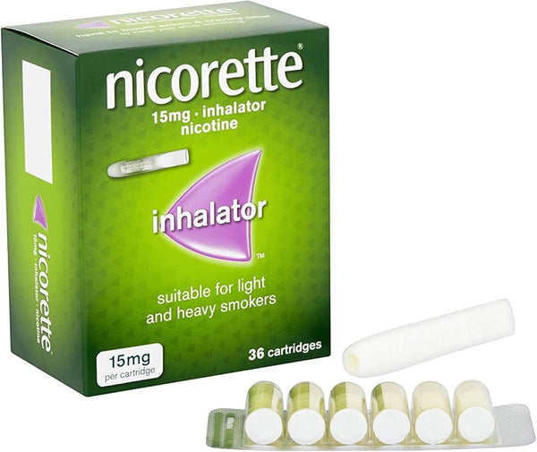 The Nicorette 15mg Inhalator provides 36 cartridges in a green box, serving as an effective Nicotine Replacement Therapy for both light and heavy smokers, featuring one individual cartridge and six displayed to help curb nicotine cravings.