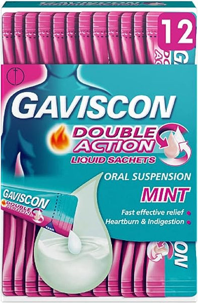 The image shows a box of Gaviscon Double Action Liquid - Mint Flavour (12 Sachets) with a teal and pink design. It highlights oral suspension and fast effective heartburn relief for indigestion, featuring an illustration of a sachet pouring into a liquid droplet.