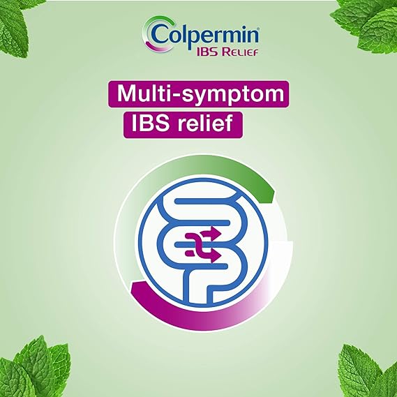 A circular graphic featuring an intestine design is set on a green background. Colpermin IBS Relief Capsules (100 caps) is displayed above Multi-symptom peppermint oil IBS relief. Mint leaves in the corners emphasize the capsules soothing benefits.