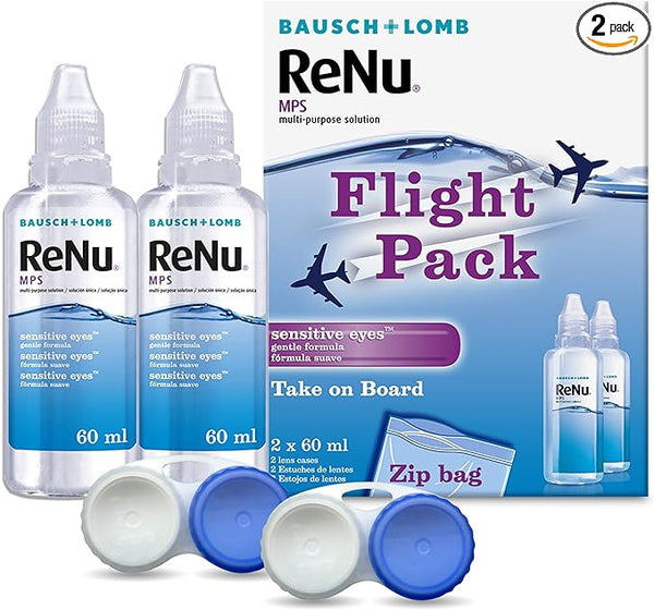 Image of Bausch and Lombs Renu Multi-Purpose Contact Lens Solution (2x60ml) Flight Pack, featuring two travel-size bottles, a zip bag, and two lens cases. The packaging emphasizes its suitability for sensitive eyes and convenient on-board travel.