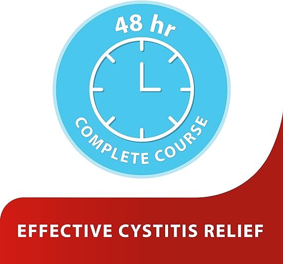 A circular blue icon displays a clock with 48 hr COMPLETE COURSE above a red banner stating EFFECTIVE CRANBERRY-FLAVORED CYSTITIS RELIEF, promoting CanesOasis Canesoasis Cystitis Relief Oral Solution - Cranberry Flavour (6 Sachets).