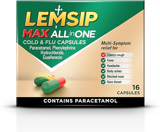 The Lemsip All-in-One package emphasizes its cold and flu relief, addressing symptoms like a chesty cough, fever, headache, body aches, blocked nose, and sore throat with 16 paracetamol capsules containing phenylephrine and guaifenesin.