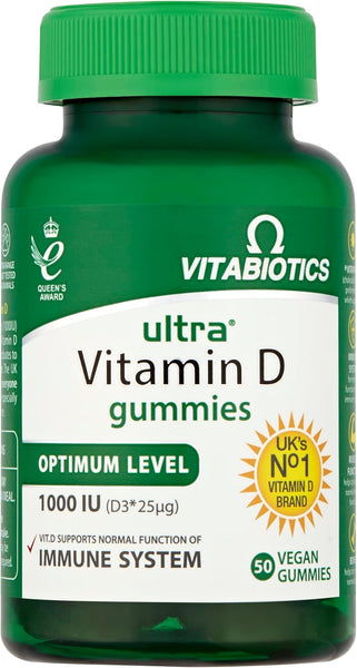 A green bottle of Vitabiotics Ultra Vitamin D Gummies (50), with 1000 IU (D3=25µg) for immune support, is the UK’s No.1 vitamin D supplement and contains 50 vegan gummies.