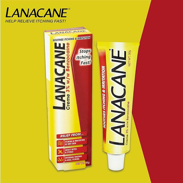 Image of a 30g Lanacane Anaesthetic Cooling Cream box and tube in yellow with red accents. Packaging text reads: Stops Itching Fast! and highlights rapid relief for itchiness from irritation, insect bites, and minor cuts. Contains 3% w/w Benzocaine for effective soothing.