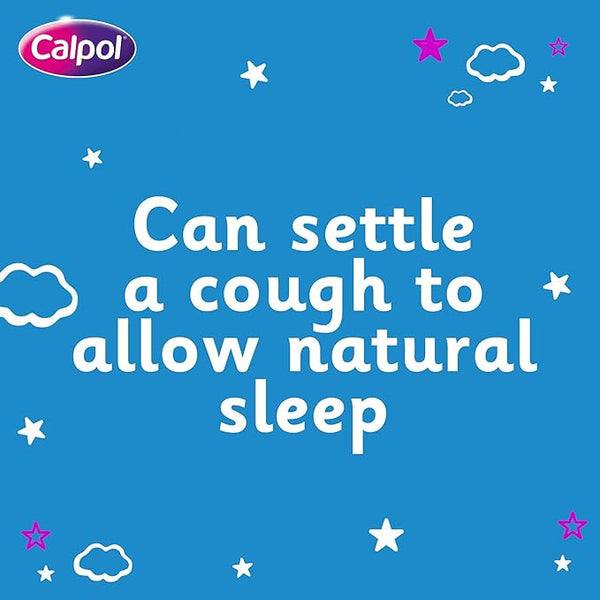 A blue background with white text reads: Can settle a cough to allow natural sleep, against an image featuring small white clouds and pink stars, making it child-friendly. The Calcough logo is in the top left corner, referencing CalCough Childrens Cough and Sore Throat Syrup - Blackcurrant (125ml).