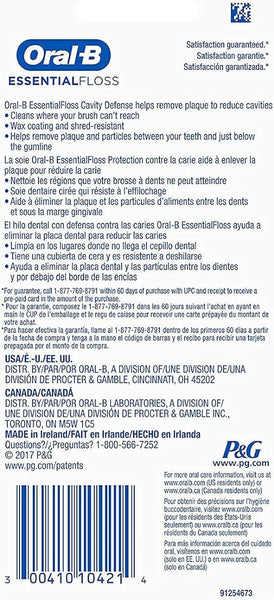 The Oral-B Essential Floss packaging displays the product name, purpose, and benefits like effective plaque removal. It includes multilingual instructions, a UPC barcode, and Procter & Gambles contact info in English and French. Ideal for maintaining oral hygiene with trusted dental floss.