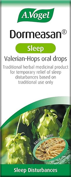 The A.Vogel Dormeasan Sleep Oral Drops (50ml) packaging highlights its natural sleep aid benefits with Valerian-Hops oral drops known for promoting sleep, featuring valerian root and hops plant images against a green and white design.