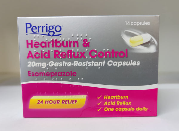 The Perrigo Esomeprazole 20mg box contains 14 gastro-resistant capsules. It promotes 24 Hour Relief for heartburn and indigestion, recommending One capsule daily as an effective acid reflux treatment.