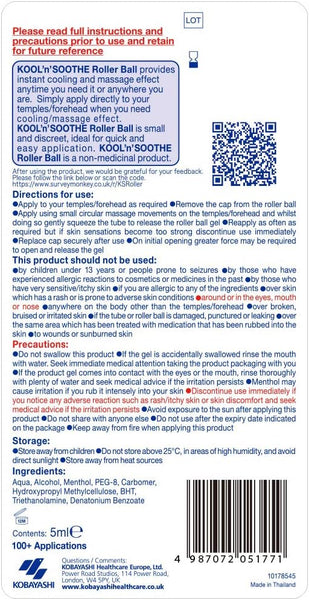 Image of Kool N Soothe Cooling Temples And Forehead Roller Ball (5ml) instructions, featuring its innovative design for easy application. Details usage, ingredients, manufacturer info, warnings, storage tips, and includes a barcode. This non-medicinal product offers cooling relief.