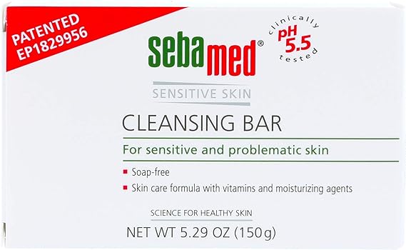 The Sebamed Cleansing Bar (150g) for sensitive skin highlights Soap-free cleansing, a Skin care formula with vitamins and moisturizing agents, and a pH of 5.5. It features Patented EP1829956 and weighs 5.29 oz, making it ideal for alleviating common skin conditions.