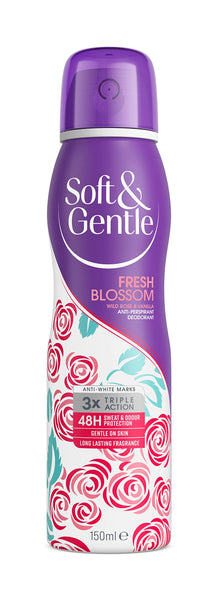 A 150ml Soft and Gentle - Fresh Blossom Antiperspirant Deodorant blends a purple top into a white base with pink and teal rose designs. Experience 48-hour protection against white marks and enjoy its lasting fragrance.