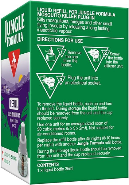 The Jungle Formula Plug-In Refill (35ml) has an odourless formula. To use, remove the cap, insert into the device, and plug in. It contains one bottle lasting up to 45 nights, designed to kill mosquitoes and other small insects.