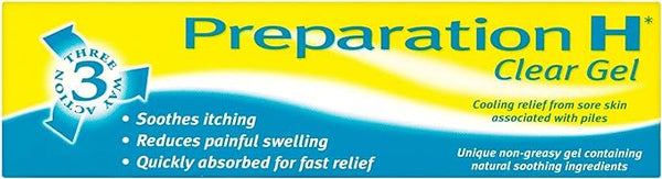 The yellow and blue box of Preparation H Clear Gel (50g) highlights Three Way Action, soothing itching, reducing swelling, and providing fast relief for dry, itchy skin with its non-greasy formula featuring natural ingredients like witch hazel.