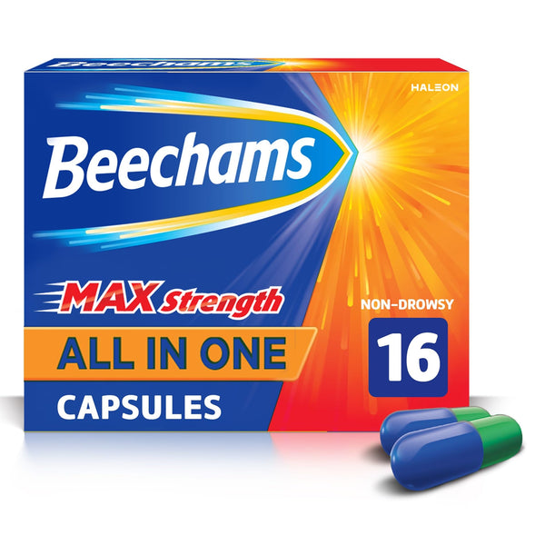 The Beechams All In One-Max Strength box with 16 Capsules and Non-Drowsy promises relief from cold, flu, and sinusitis congestion. On the front are blue and green capsules, highlighted by light rays underscoring their effectiveness.