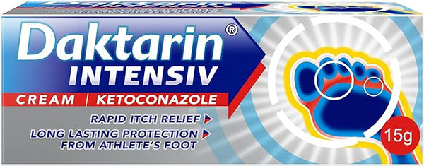 Daktarin Intensiv Athletes Foot Cream (15g) features a stylized foot logo and highlights Rapid Itch Relief and Long Lasting Protection from Fungal Infections, containing a ketoconazole formula.