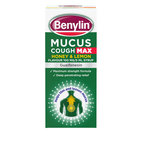 Benylin Mucus Cough Max - Honey & Lemon Flavour (300 ml) comes in green and white packaging, emphasizing its honey and lemon flavor. It contains guaifenesin for chesty cough relief, claiming maximum strength. An image of lungs with an arrow at the bottom symbolizes mucus relief.