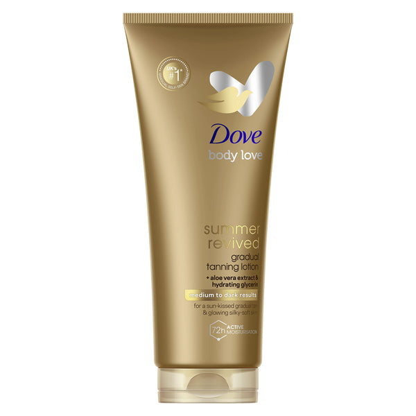 Dove Body Love Gradual Tanning Lotion Medium to Dark (200ml) gives your skin a sun-kissed glow and radiant hydration with aloe vera and glycerin. Perfect for medium to dark complexions.