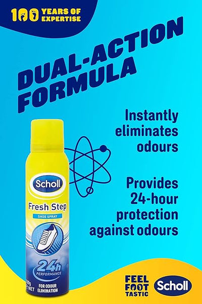 The image showcases a Scholl Fresh Step Anti-Perspirant Foot Spray (150ml) can against a blue backdrop with text emphasizing 100 years of expertise. Dual-action formula. Instantly eliminates odors, offering 24-hour protection. Feel Foot Tastic! The Scholl logo is prominently displayed.