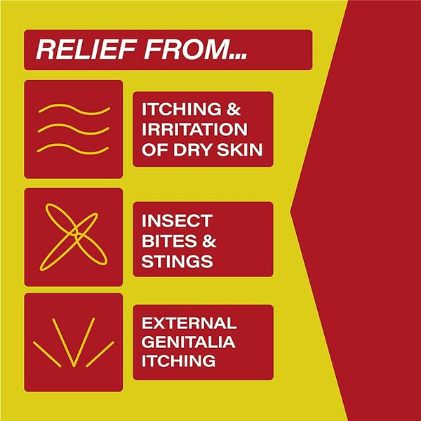 A striking graphic with a yellow and red background highlights text: RELIEF FROM... and icons, detailing itch relief using Lanacane Anaesthetic Cooling Cream (30g) for easing ITCHING & IRRITATION OF DRY SKIN, soothing INSECT BITES & STINGS, and addressing EXTERNAL GENITALIA ITCHING.