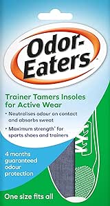 Odor-Eaters Trainer Tamers Insoles (1pr) come in green and white packaging with activated charcoal for superior odor control. They offer sweat-absorbing features for four months of freshness, ideal for sports shoes, and provide a universal fit with one size fits all.