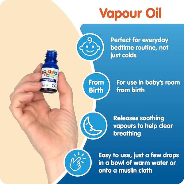 A hand holds a small blue bottle of Snufflebabe Vapour Oil (10ml) against a colorful background. Text highlights its use for bedtime routines, suitability for babies from birth, and benefits of soothing vapors to relieve congestion by using it in warm water or on cloth.