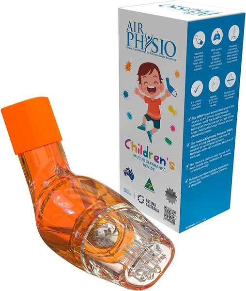 Image of an Airphysio For Child device and packaging, showcasing an orange-transparent device. The box shows a cartoon child bouncing a ball, highlighting its respiratory health benefits under the AirPhysio brand for effective mucus clearance in various conditions.