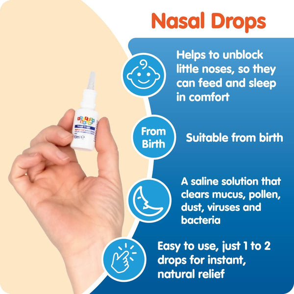 A hand holds a Snufflebabe Saline Nasal Drops (10ml) bottle. Text highlights benefits: clears baby respiratory issues, easing feeding and sleeping from birth. It removes mucus, pollen, dust, viruses, bacteria. Apply 1-2 drops for quick nasal congestion relief. Decorative shapes in the background.