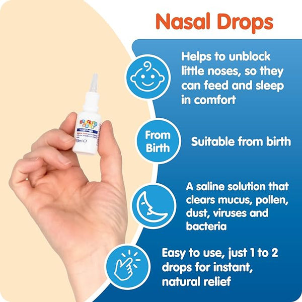 A hand holds a 75ml Snufflebabe Nasal Spray bottle against a white and blue backdrop. Text states: Helps to unblock little noses, Suitable from birth, with 1 to 2 drops for relief. This saline solution effectively clears mucus, pollen, dust, viruses, and bacteria.