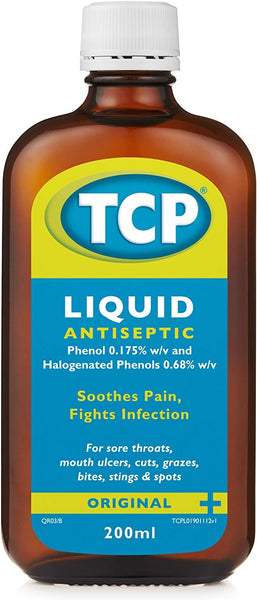 A 200ml brown bottle labeled TCP Liquid Antiseptic by TCP, features a blue and yellow design. It contains phenol and halogenated phenols, offering pain relief and infection control for ailments like sore throats and mouth ulcers.